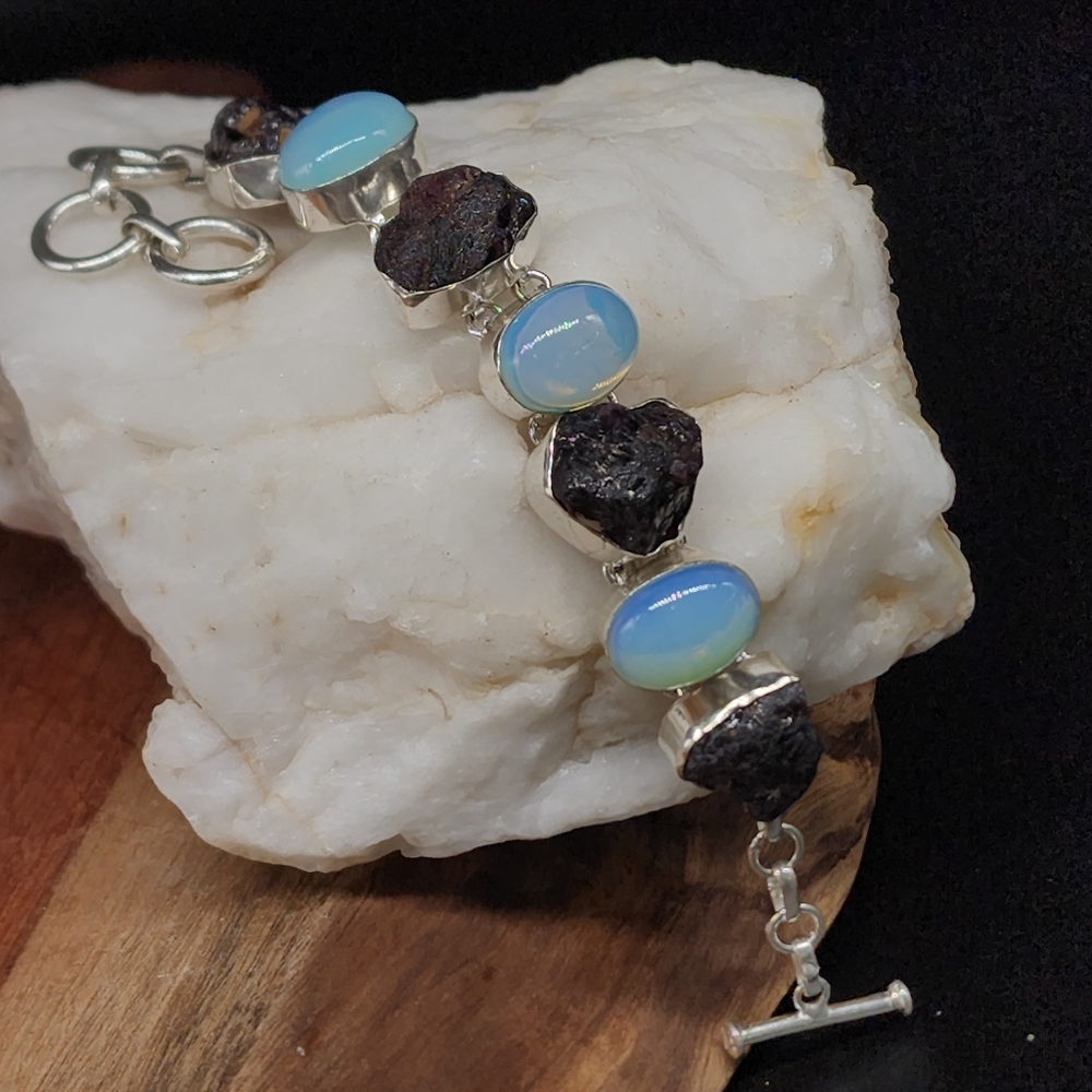 Genuine Stone Raw Garnet Moonstone White Rhodium/925 Silver Bracelet